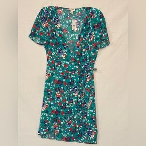 J. Crew Teal Floral wrap tie Dress